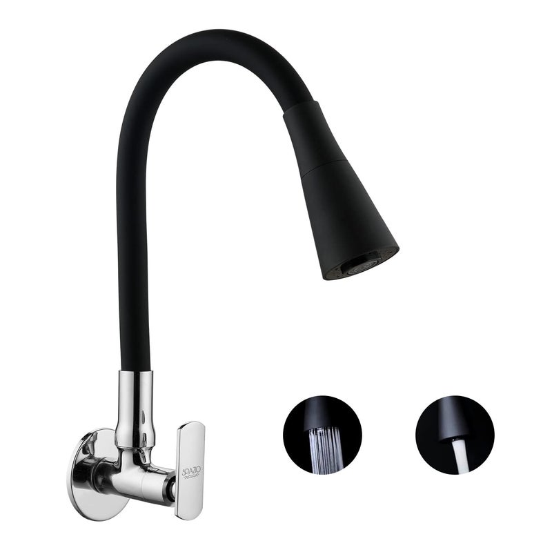 SPAZIO صنبور حوض سبازيو ميراچ من النحاس مع فوهة دوارة مرنة 360 درجة باللون الأسود ونمط تدفق مزدوج للماء الساخن والبارد لحوض المطبخ وحوض الغسيل بتشطيب كروم مع فلانج حائطي - Image 1