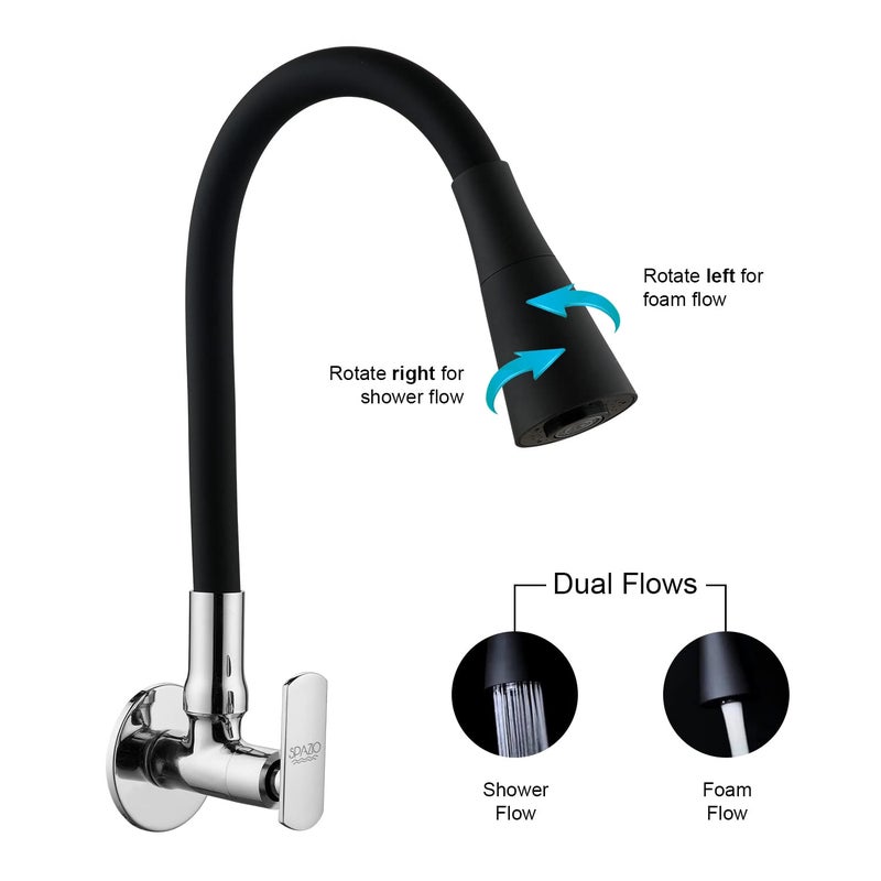 SPAZIO صنبور حوض سبازيو ميراچ من النحاس مع فوهة دوارة مرنة 360 درجة باللون الأسود ونمط تدفق مزدوج للماء الساخن والبارد لحوض المطبخ وحوض الغسيل بتشطيب كروم مع فلانج حائطي - Image 4