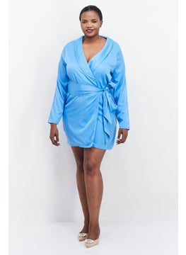 In the style Women Plus Size Plain Tie Front Blazer Mini Dress, Blue  - Image 3