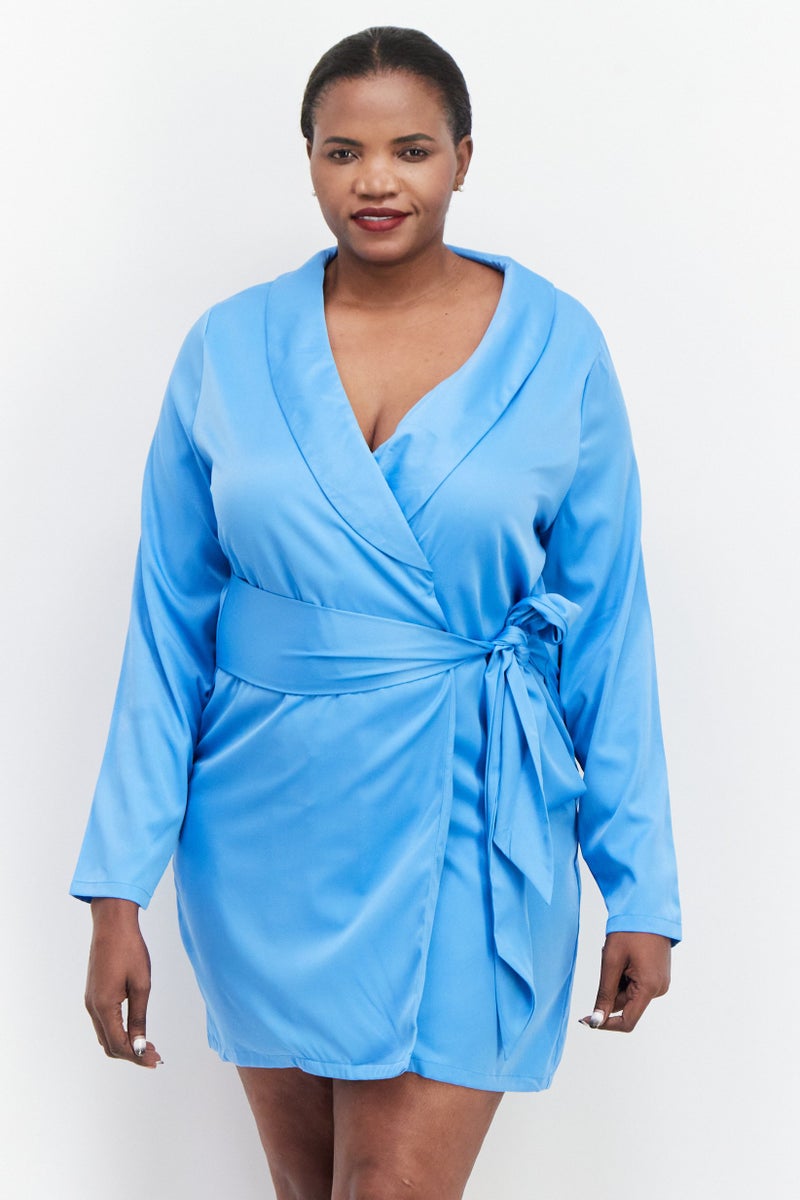 In the style Women Plus Size Plain Tie Front Blazer Mini Dress, Blue - Image 1