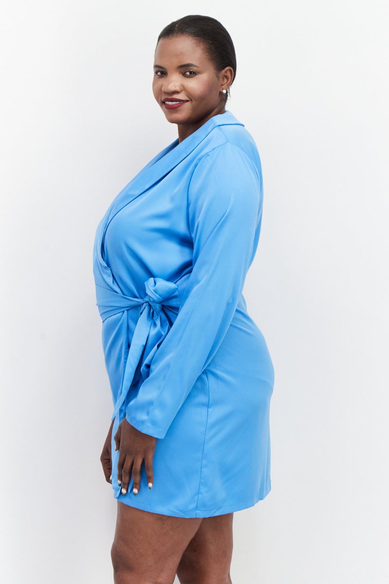 In the style Women Plus Size Plain Tie Front Blazer Mini Dress, Blue - Image 2