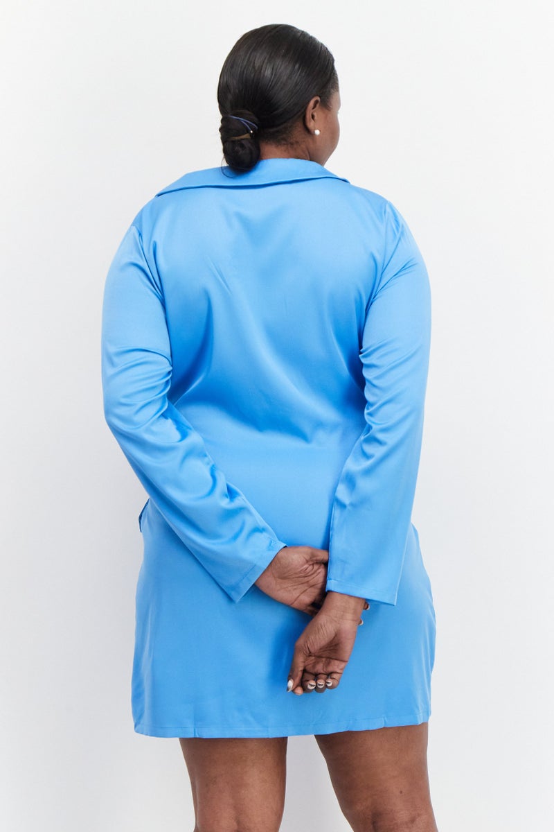 In the style Women Plus Size Plain Tie Front Blazer Mini Dress, Blue - Image 4