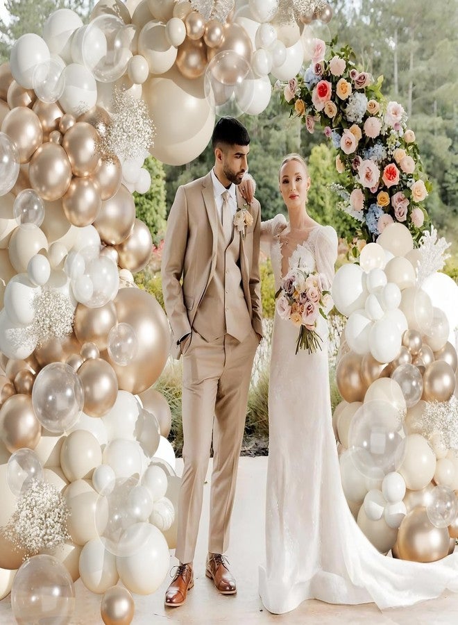 باتيمات طقم قوس بالونات بلون أبيض رملي وذهبي شامبانيا، 101 قطعة من البالونات الشفافة باللون الأبيض العاري والذهبي الشامبانيا المعدني، لتزيين حفلات الخطوبة وحفلات توديع العزوبية وأعياد الميلاد وحفلات الزفاف والذكرى السنوية - Image 2