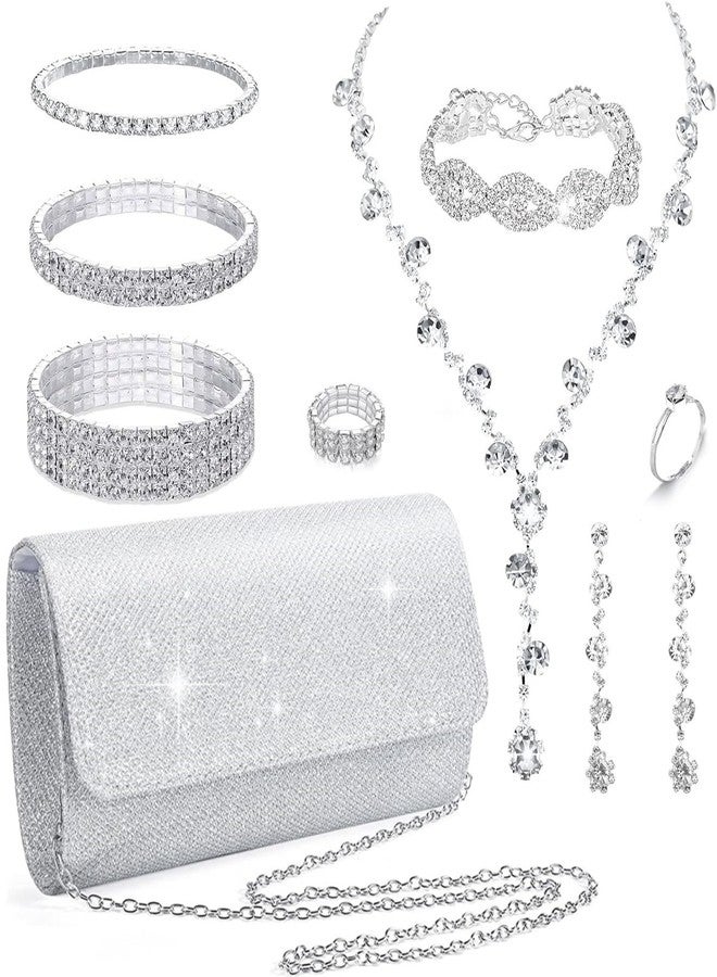 stablerice 9 Pcs Rhinestone Jewelry Sets for Women Rhinestone Purses for Women Clutch Purse Necklace Earrings Bracelet Jewelry Sets for Wedding Formal Bridal Bridesmaid Gifts (Elegant Style, 9) - Image 1