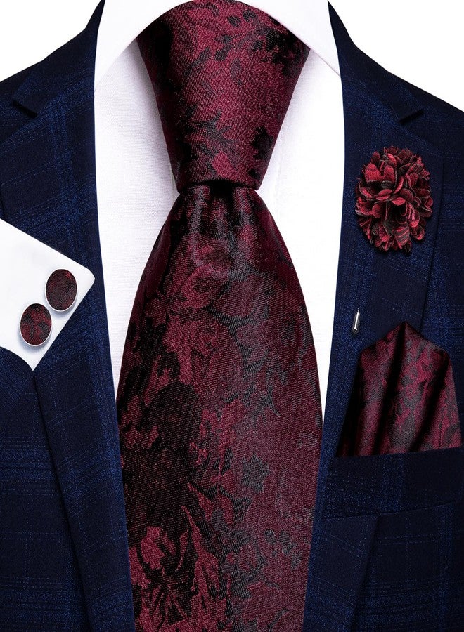 Hi-Tie Burgundy Red Ties for Men Silk Necktie and Flower Lapel Pin Set 4PCS Men's Dress Tie Pocket Square Cufflinks - Image 2