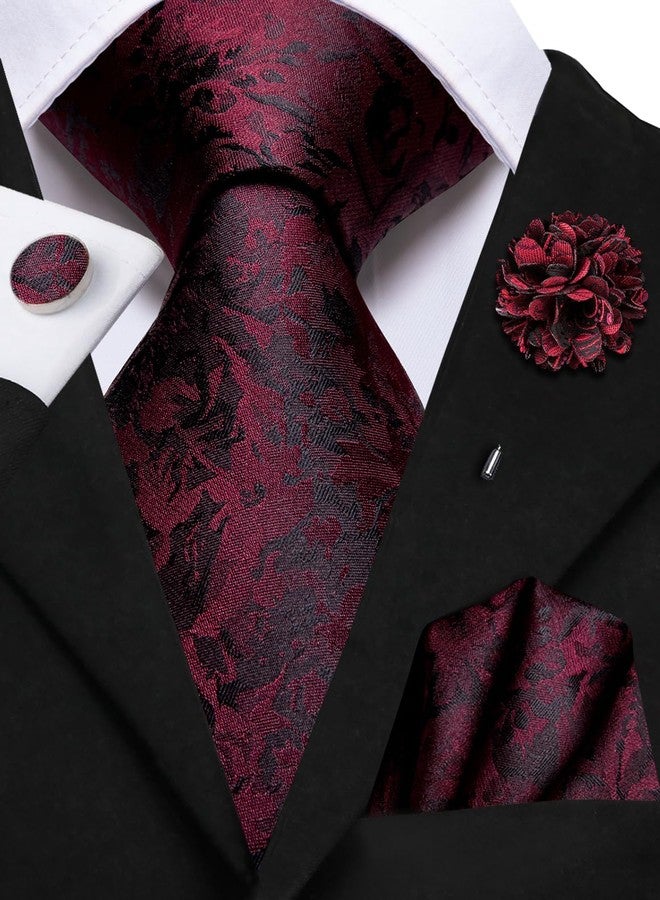 Hi-Tie Burgundy Red Ties for Men Silk Necktie and Flower Lapel Pin Set 4PCS Men's Dress Tie Pocket Square Cufflinks - Image 4
