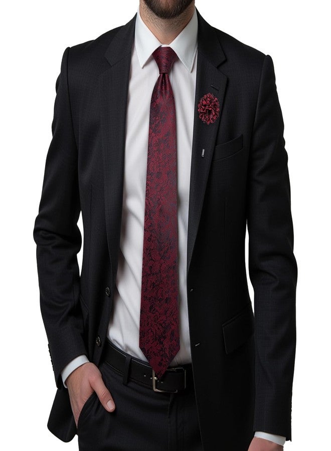 Hi-Tie Burgundy Red Ties for Men Silk Necktie and Flower Lapel Pin Set 4PCS Men's Dress Tie Pocket Square Cufflinks - Image 3