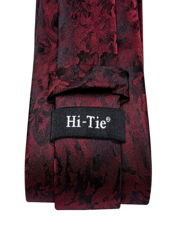 Hi-Tie Burgundy Red Ties for Men Silk Necktie and Flower Lapel Pin Set 4PCS Men's Dress Tie Pocket Square Cufflinks - Image 5