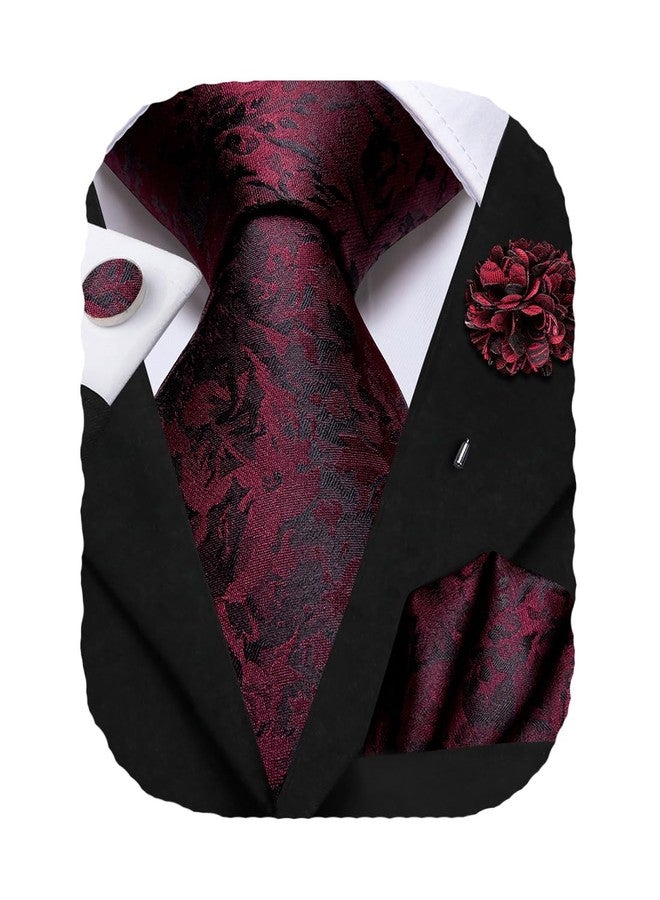 Hi-Tie Burgundy Red Ties for Men Silk Necktie and Flower Lapel Pin Set 4PCS Men's Dress Tie Pocket Square Cufflinks - Image 1