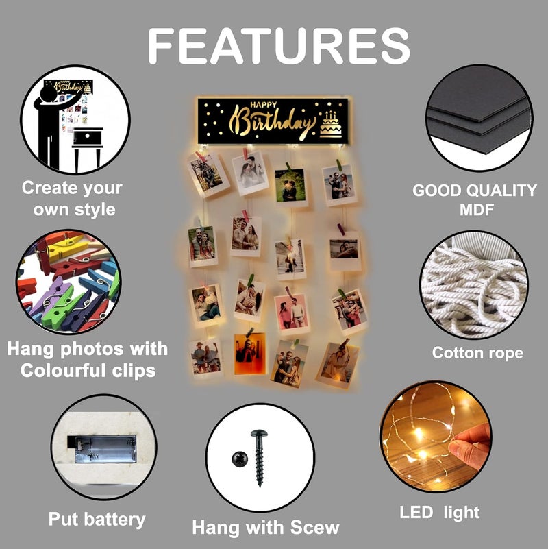 Decorcreed Decorcreed Happy Birthday photo wall hanging memories wall hanging hanging photo frames for wall decoration moments wall hanging photos hanging for wall decoration photo frames with light With Clips Rope 70cm x 36cm - Image 5