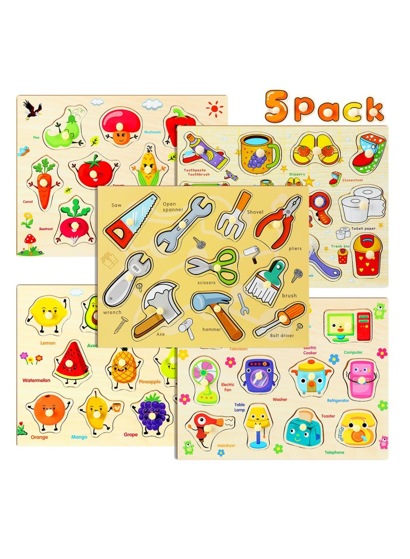 SYOSI Toddler Puzzles Wooden Peg Puzzles for Toddlers Educational Learning Peg Puzzle Toy for Preschool Educational and Learning Kids Boy Girl Set of 5 - Image 1