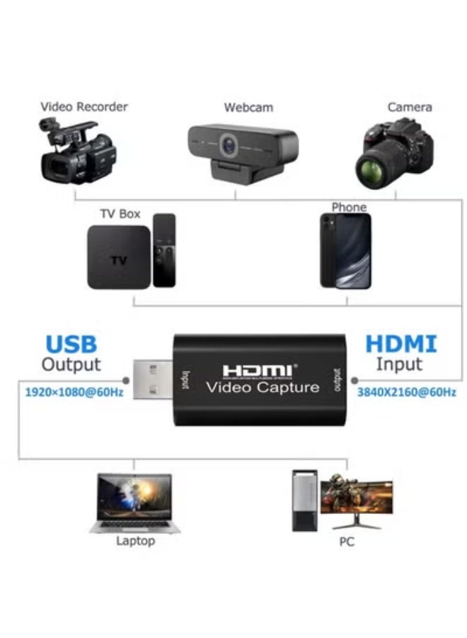 شابية بطاقة التقاط فيديو HDMI بدقة 4K، بطاقة Cam Link لالتقاط ألعاب الفيديو، محول التقاط الصوت، جهاز تسجيل وتسجيل HDMI إلى USB 2.0 للبث المباشر، والبث المباشر، ومؤتمرات الفيديو، والتعليم، والألعاب (أسود) - Image 3