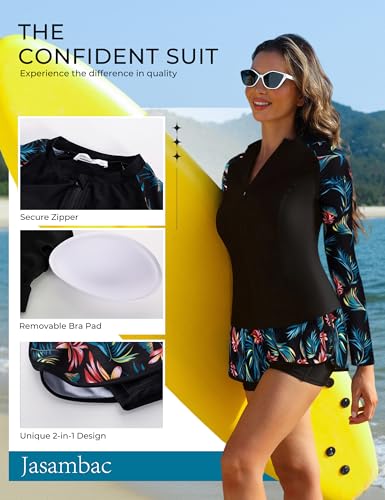 JASAMBAC Women's Rash Guard Shirts with Shorts 3 Piece Long Sleeve Long Sleeve Bathing Suit for Hiking Fishing Workout UPF 50+ UV Protection Blue Leaves M - Image 4