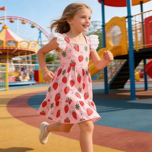 RETSUGO Toddler Girls Strawberry Dress Kids Pink A-Line Lace Sleeve Ruffle Hem Sundress Girls Summer Boho Casual Party Outfit Dresses 1620/4-5T - Image 3