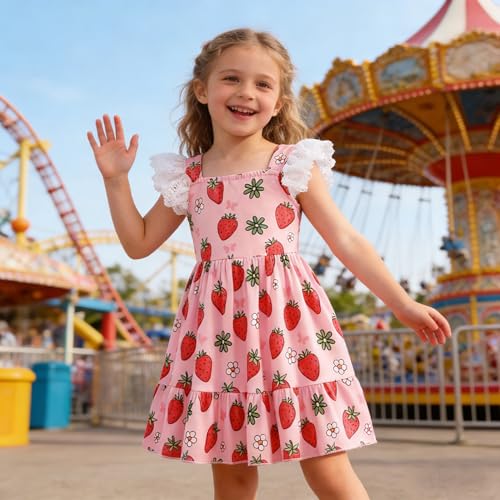 RETSUGO Toddler Girls Strawberry Dress Kids Pink A-Line Lace Sleeve Ruffle Hem Sundress Girls Summer Boho Casual Party Outfit Dresses 1620/4-5T - Image 4