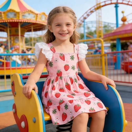 RETSUGO Toddler Girls Strawberry Dress Kids Pink A-Line Lace Sleeve Ruffle Hem Sundress Girls Summer Boho Casual Party Outfit Dresses 1620/4-5T - Image 2