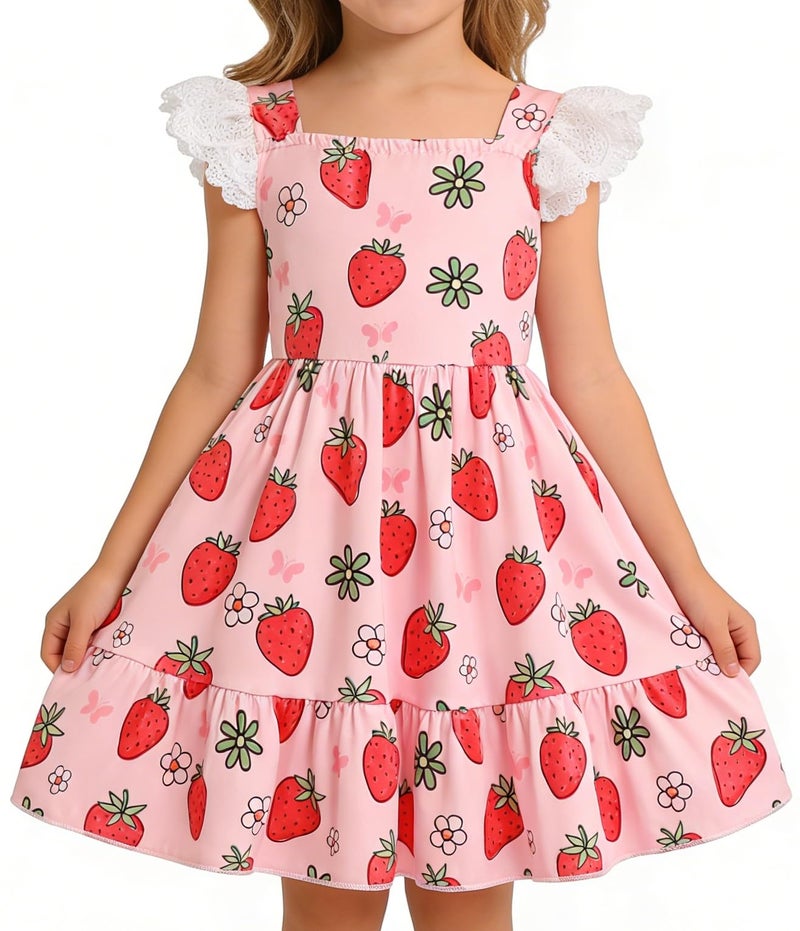 RETSUGO Toddler Girls Strawberry Dress Kids Pink A-Line Lace Sleeve Ruffle Hem Sundress Girls Summer Boho Casual Party Outfit Dresses 1620/4-5T - Image 1