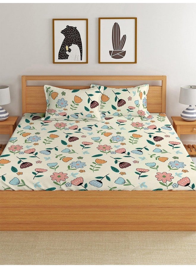 LOOMLYFE 300 TC Cotton Feel Glace Cotton Elastic Fitted Printed Queen Size Double Bed Bedsheet with 2 Pillow Covers Fits Upto 8 inches,Size- 60x78x10 Inches, Peach Flower - Image 2