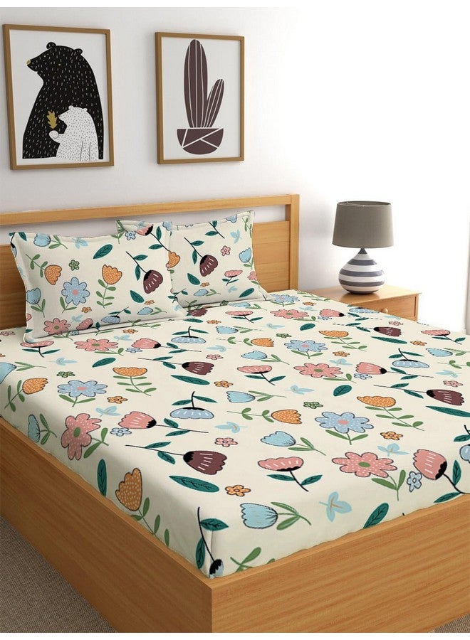 LOOMLYFE 300 TC Cotton Feel Glace Cotton Elastic Fitted Printed Queen Size Double Bed Bedsheet with 2 Pillow Covers Fits Upto 8 inches,Size- 60x78x10 Inches, Peach Flower - Image 1