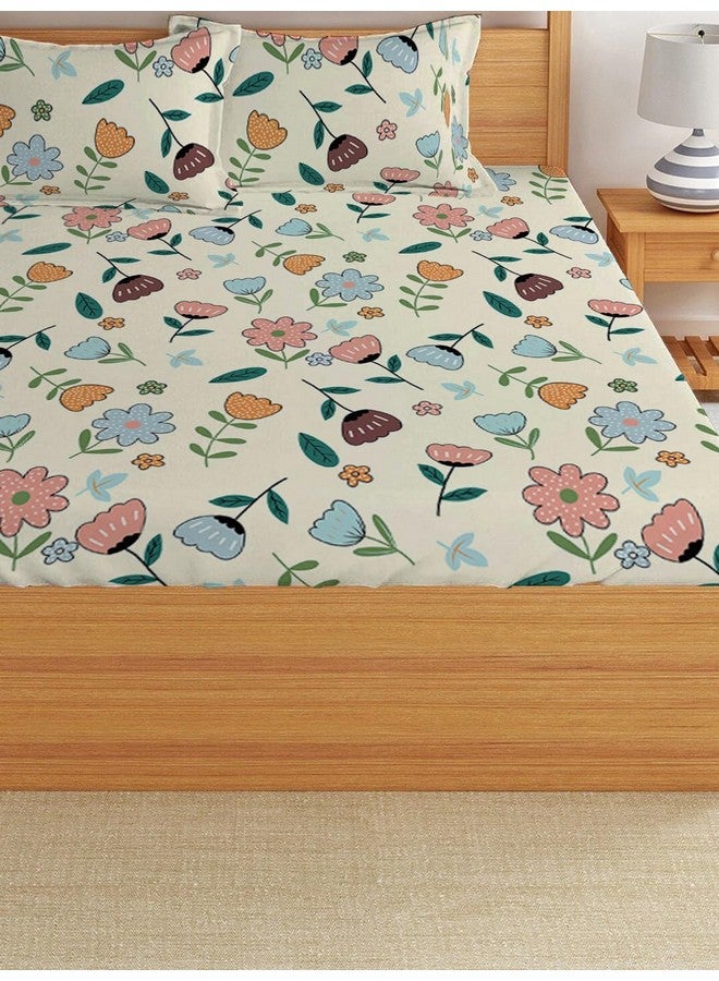 LOOMLYFE 300 TC Cotton Feel Glace Cotton Elastic Fitted Printed Queen Size Double Bed Bedsheet with 2 Pillow Covers Fits Upto 8 inches,Size- 60x78x10 Inches, Peach Flower - Image 3