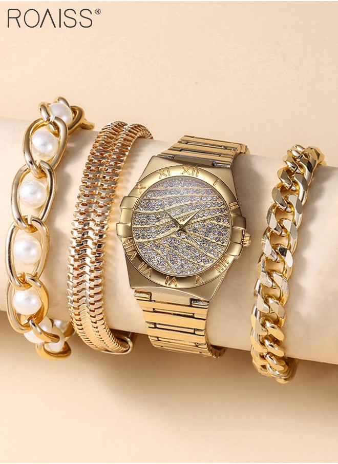roaiss - 4PCS Women's Alloy Strap Bracelet Watch Set, Analog Display Round Dial Zirconium Diamonds Decorated Quartz Watch with 3 Bracelets, Elegant Watch Set for Ladies - Image 1