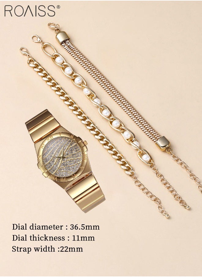 roaiss - 4PCS Women's Alloy Strap Bracelet Watch Set, Analog Display Round Dial Zirconium Diamonds Decorated Quartz Watch with 3 Bracelets, Elegant Watch Set for Ladies - Image 1