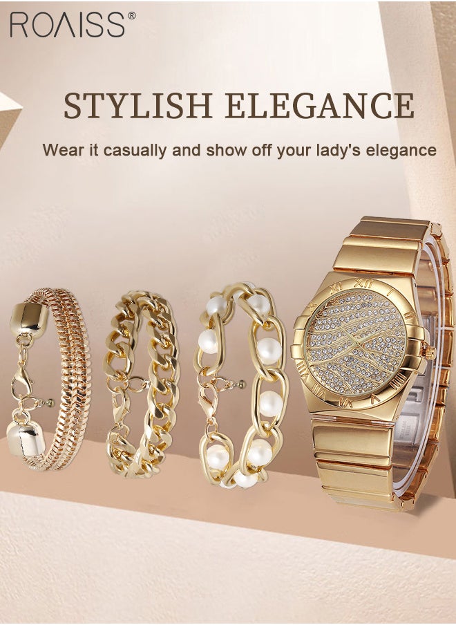 roaiss - 4PCS Women's Alloy Strap Bracelet Watch Set, Analog Display Round Dial Zirconium Diamonds Decorated Quartz Watch with 3 Bracelets, Elegant Watch Set for Ladies - Image 1