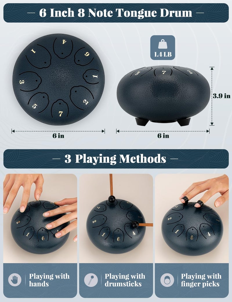 Outuo Steel Tongue Drum: 6 Inch 8 Notes Rain Instrument For Outdoor Use, Handpan For Kids, Sound Healing Meditation (Navy Blue) - Image 3