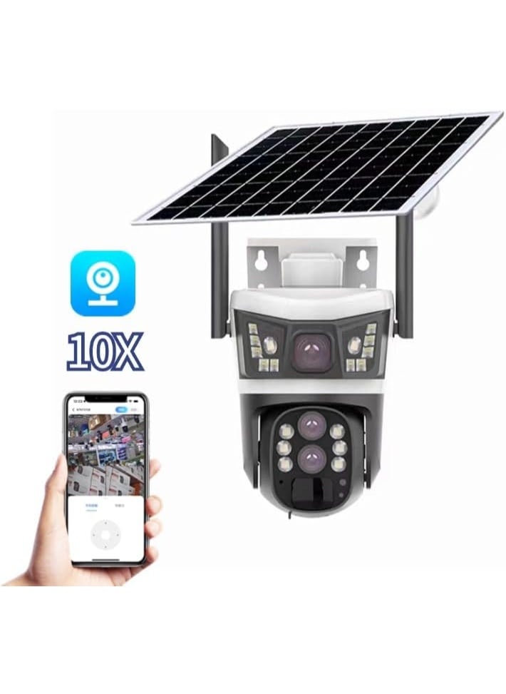 6MP 4G Solar Wireless Surveillance Camera –   3-Lens PTZ CCTV with 10X Zoom, Night Vision, Motion Detection, SIM Card Slot, IP66 Outdoor Security Camera – Remote Access via App