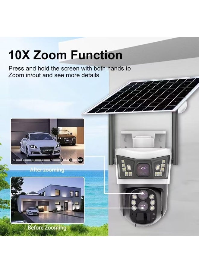 6MP 4G Solar Wireless Surveillance Camera –   3-Lens PTZ CCTV with 10X Zoom, Night Vision, Motion Detection, SIM Card Slot, IP66 Outdoor Security Camera – Remote Access via App