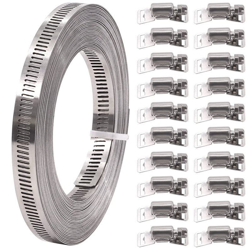 Glarks 21Pcs 33 Feet Long Worm Gear Hose Clamp with Fasteners 304 Stainless Steel Large Adjustable Pipe Clamps with 12Pcs Fasteners for Ductwork Pole Securing and Strapping 33FT Strap20 Fasteners - Image 2