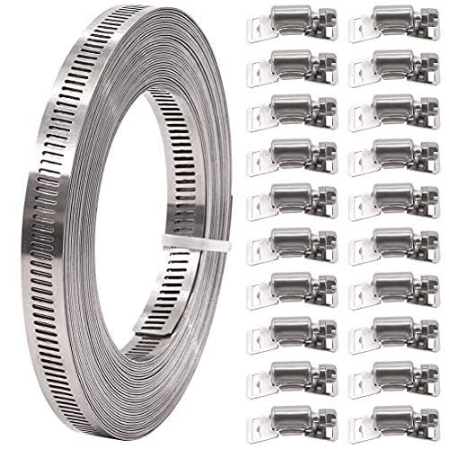 Glarks 21Pcs 33 Feet Long Worm Gear Hose Clamp with Fasteners 304 Stainless Steel Large Adjustable Pipe Clamps with 12Pcs Fasteners for Ductwork Pole Securing and Strapping 33FT Strap20 Fasteners - Image 1
