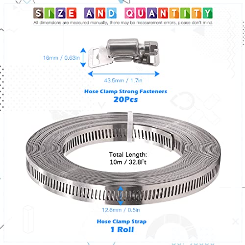 Glarks 21Pcs 33 Feet Long Worm Gear Hose Clamp with Fasteners 304 Stainless Steel Large Adjustable Pipe Clamps with 12Pcs Fasteners for Ductwork Pole Securing and Strapping 33FT Strap20 Fasteners - Image 3