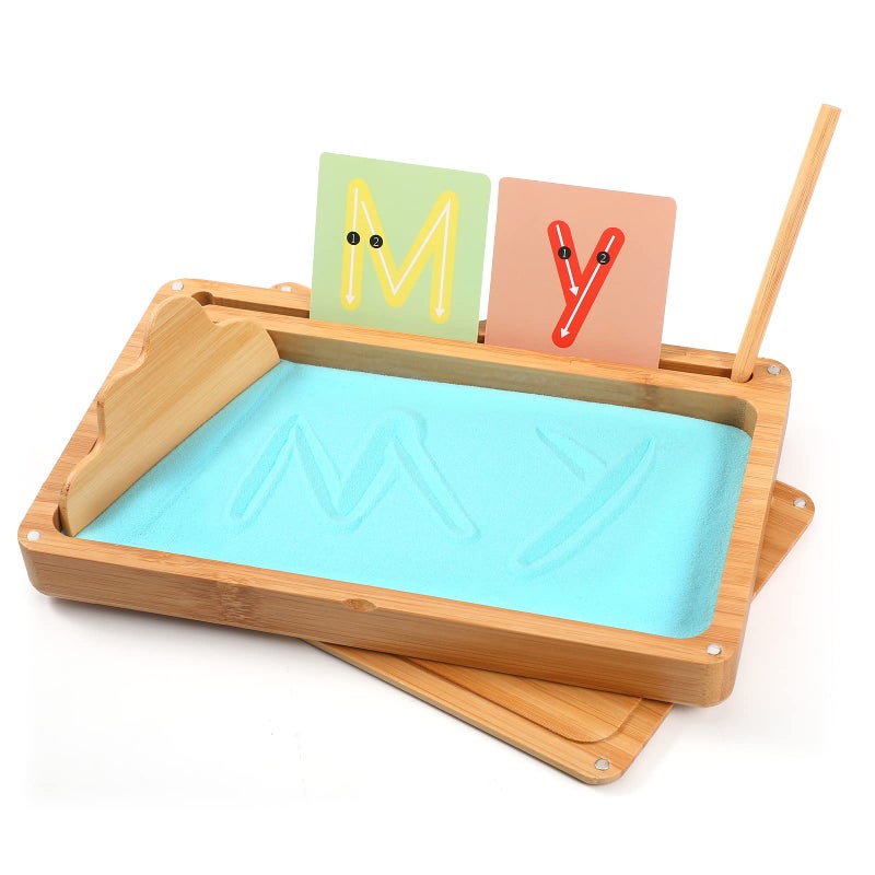 AtMini Sand Tray for Classroom Montessori Sand Tray with Lid Wooden Sand Trays for Kids Writing Letters and Numbers (Blue) - Image 1