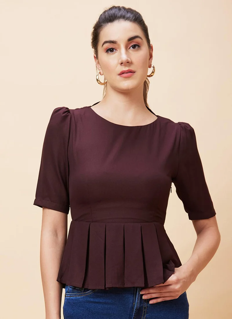 جلو باص Globus Women Brown Pleated Detailed Puff Sleeve Peplum Top