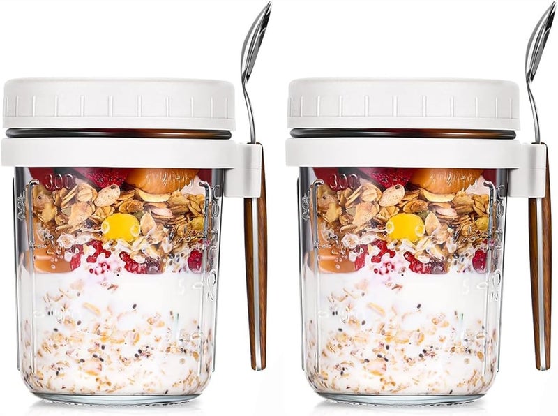 WHISKET 300 ml | Oats Container with Lid and Spoon,Airtight Glass Mason Oatmeal Jars,Milk, Vegetable and fruit Salad Storage Container (White 2) - Image 1