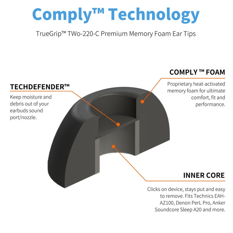 Comply TWo-220-C | Memory Foam Replacement Earbud Tips for Technics EAH-AZ100, Denon PerL Pro, Soundcore, CMF & More | Ultimate Comfort, Secure Fit, Superior Noise Isolation | Black, Medium (3 Pairs) - Image 2