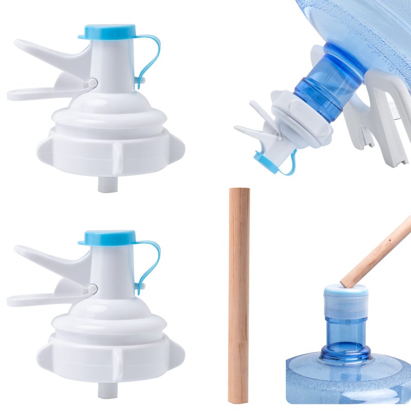 OHOH 2 Pack Water Dispenser Valve, Water Jug Dispenser Valve, Jug Cap Bottle Spout Reusable Plastic Spigot Faucet with Dustproof Cap and Wood Stick for 55mm Non Threaded Crown Top Drinking Bottle - Image 1