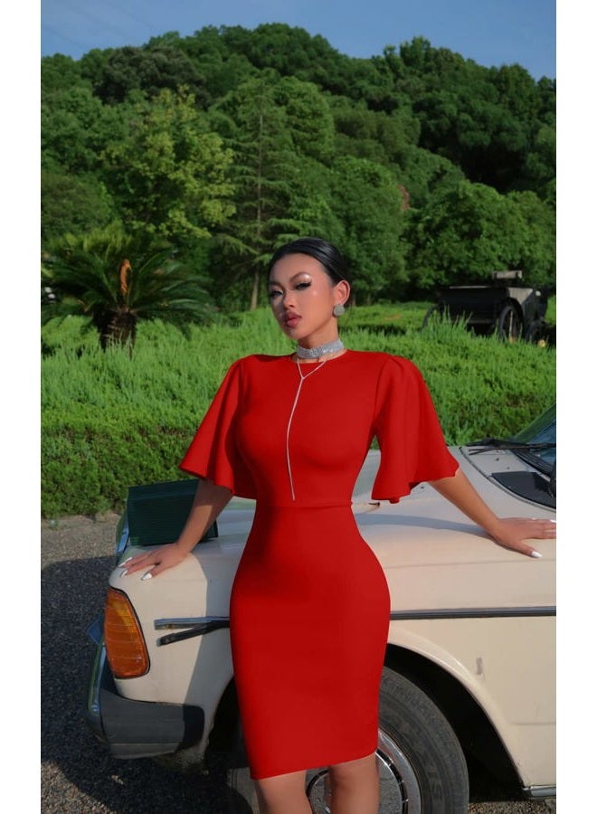 Memoriesea Women's Basic Bodycon Ruffle Flared Short Sleeve Pencil Midi Dress, Red, L - Image 5