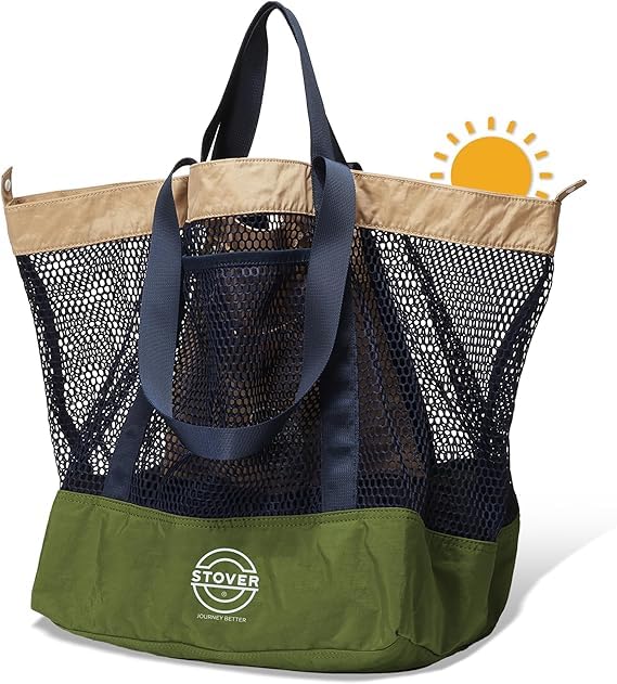 STOVER Extra Large Mesh Nylon Beach Bag, Vacation, Pool, Shopping, Toy, & Travel Tote - Foldable w/Storage Pouch & Pockets for Women, Men & Families – Heavy-Duty and Water-Resistant (Army Green/Blue) - Image 1