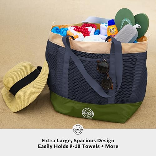 STOVER Extra Large Mesh Nylon Beach Bag, Vacation, Pool, Shopping, Toy, & Travel Tote - Foldable w/Storage Pouch & Pockets for Women, Men & Families – Heavy-Duty and Water-Resistant (Army Green/Blue) - Image 2