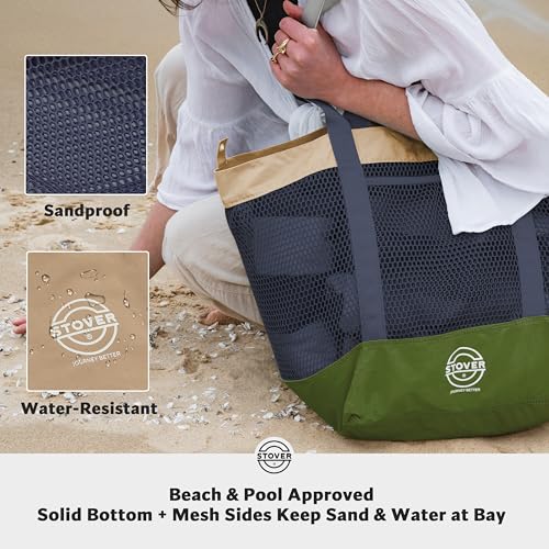 STOVER Extra Large Mesh Nylon Beach Bag, Vacation, Pool, Shopping, Toy, & Travel Tote - Foldable w/Storage Pouch & Pockets for Women, Men & Families – Heavy-Duty and Water-Resistant (Army Green/Blue) - Image 3