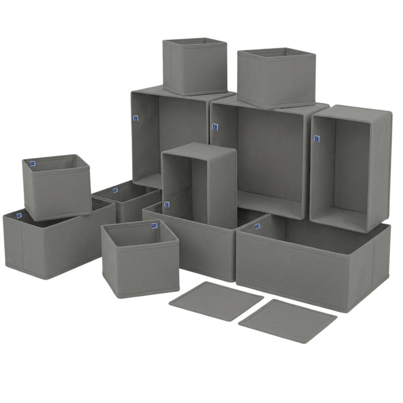 Skrill 12-Piece Foldable Cloth Storage Box Set | Cube Baskets, Bins & Dividers for Closet & Dresser Drawer Organization - Grey - Image 2