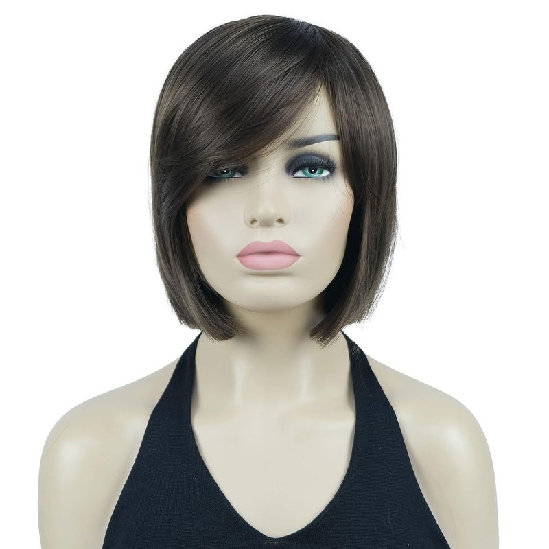 Lydell 8 Straight Short Wigs Bob Hair with Bangs Cute Central Dot Top Heat Resistant Synthetic Wigs 10 Medium Golden Brown