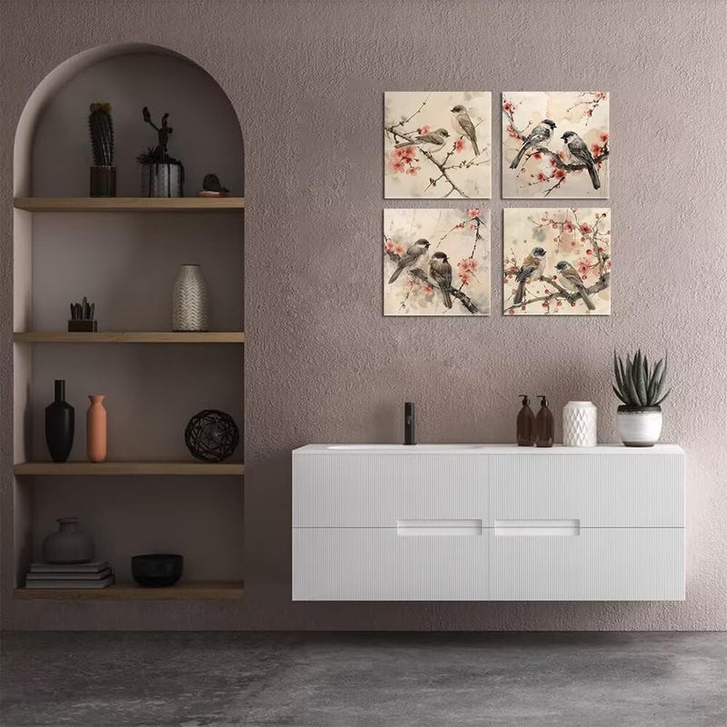 Wall HDQ 4 Pieces Wall Art Canvas Prints Flowers and Birds Picture Painting Modern Wall Artwork Framed for Bathroom Bedroom Office Decor - Image 4