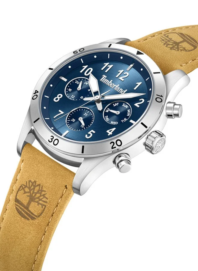 Timberland Ashmont Blue Dial Tan Leather Strap Analog Watch Mens 44mm