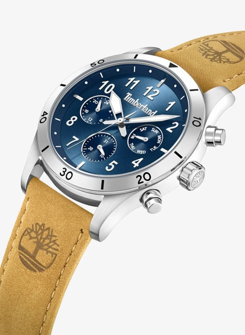 Timberland Ashmont Blue Dial Tan Leather Strap Analog Watch Mens 44mm