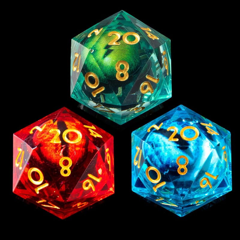YEMEKO 3Pcs D20 Dargon Eye Liquid Core DND Dice Set with 3 Color 22mm Resin Sharp Edge 20 Sided DD Dice 22mm Handmade Polyhedral DD Dice for RPG MTG Table GamesGreenRedBlue - Image 3