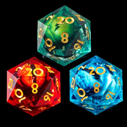 YEMEKO 3Pcs D20 Dargon Eye Liquid Core DND Dice Set with 3 Color 22mm Resin Sharp Edge 20 Sided DD Dice 22mm Handmade Polyhedral DD Dice for RPG MTG Table GamesGreenRedBlue - Image 1