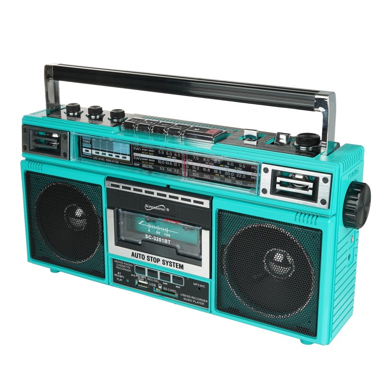 SUPERSONIC راديو وكاسيت سوبر سونيك SC-3201BT 4 نطاق ومكبر صوت، مكبر صوت بلوتوث، راديو AM/FM/SW مع تشغيل MP3، USB وبطاقة SD، 3 نطاق EQ ومدخل سماعة. (أخضر مائل إلى الأزرق) - Image 1